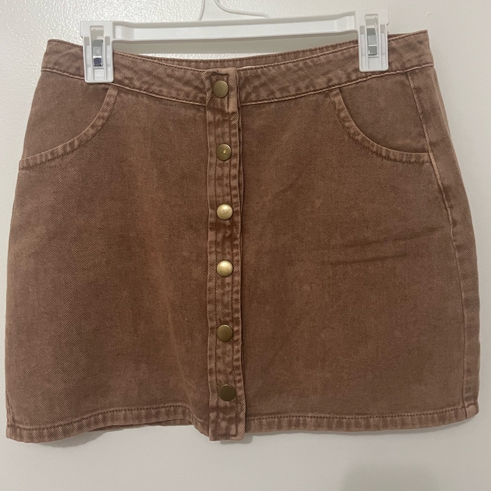 Mustard Seed Brown Wash Snap Front Denim Mini Skirt. Size Large. NWOT. - Picture 1 of 5